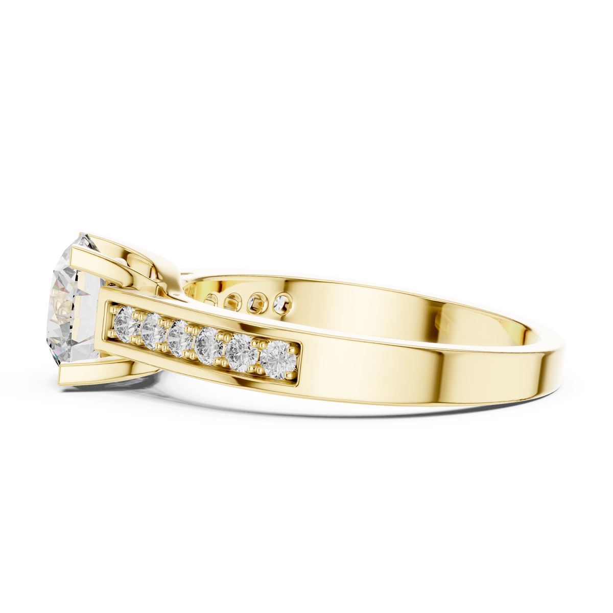 Lab Grown Round Solitaire Diamond Ring with Channel-Set Diamond Shoulders in Yellow Gold