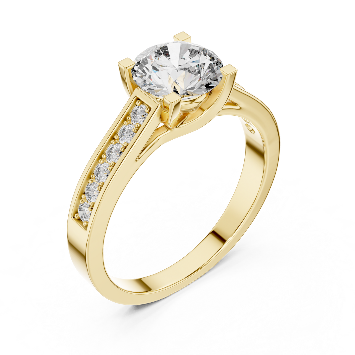 Lab Grown Round Solitaire Diamond Ring with Channel-Set Diamond Shoulders in Yellow Gold