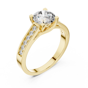 Lab Grown Round Solitaire Diamond Ring with Channel-Set Diamond Shoulders in Yellow Gold