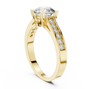 Lab Grown Round Solitaire Diamond Ring with Channel-Set Diamond Shoulders in Yellow Gold