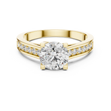 Lab Grown Round Solitaire Diamond Ring with Channel-Set Diamond Shoulders in Yellow Gold