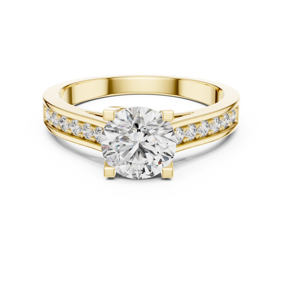 Lab Grown Round Solitaire Diamond Ring with Channel-Set Diamond Shoulders in Yellow Gold
