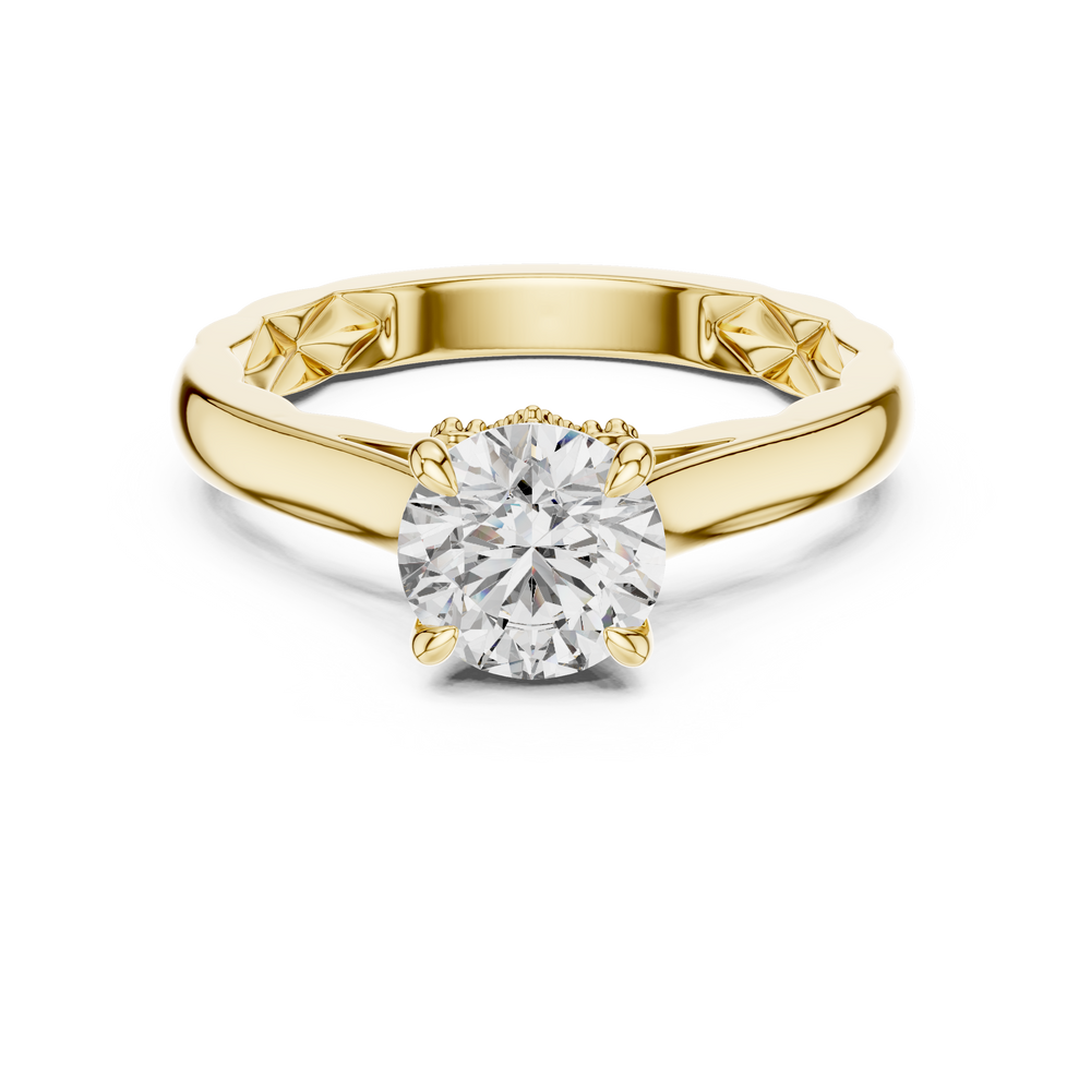 Lab Grown Round Solitaire Diamond Ring with Quilted Textured Band in Yellow Gold