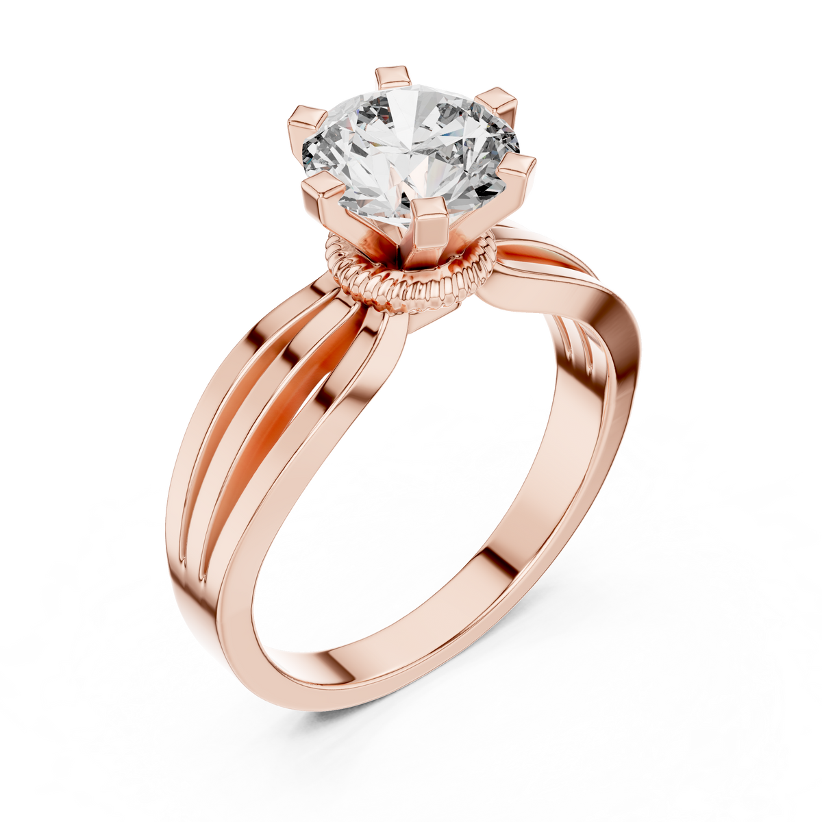Lab Grown Round Solitaire Diamond Ring with Triple Split Shank in Yellow Gold