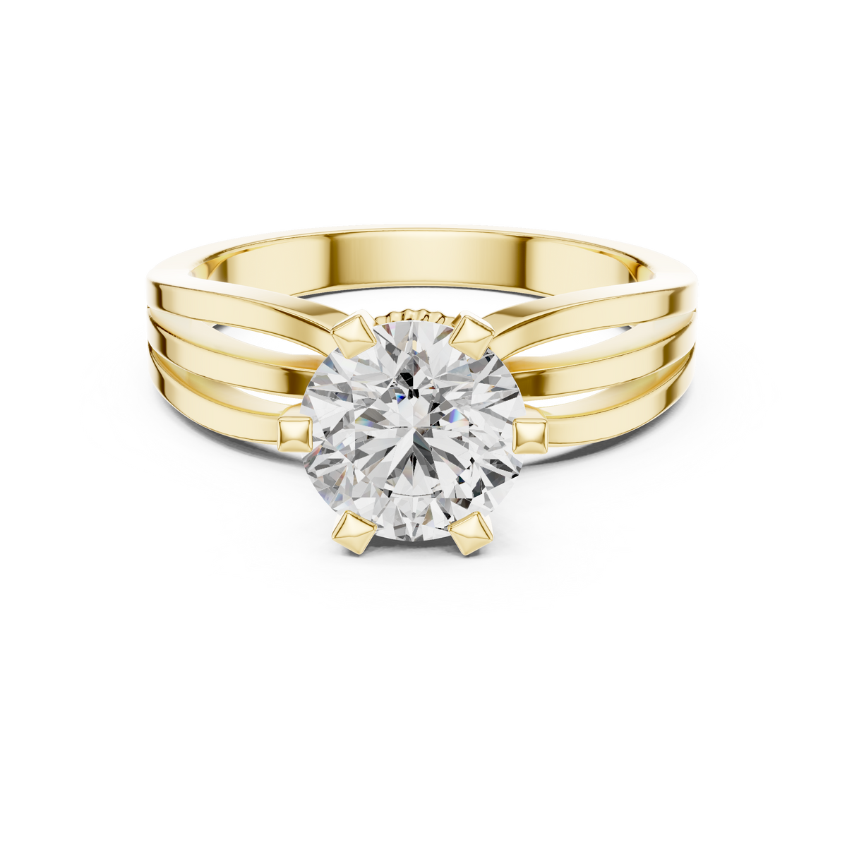 Lab Grown Round Solitaire Diamond Ring with Triple Split Shank in Yellow Gold