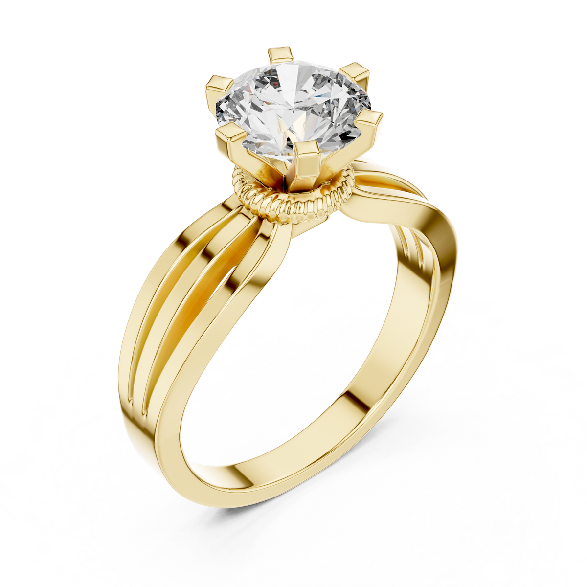 Lab Grown Round Solitaire Diamond Ring with Triple Split Shank in Yellow Gold