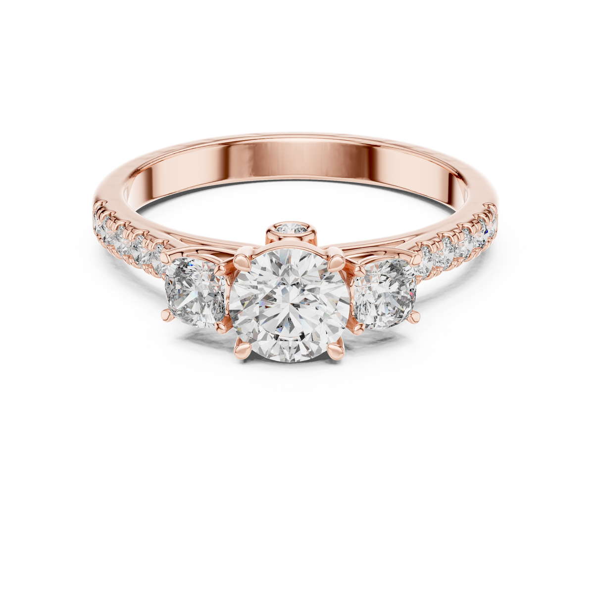 Lab Grown Round Three Stone Diamond Ring with Pavé Accent Band in Yellow Gold