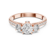 Lab Grown Round Three Stone Diamond Ring with Pavé Accent Band in Yellow Gold