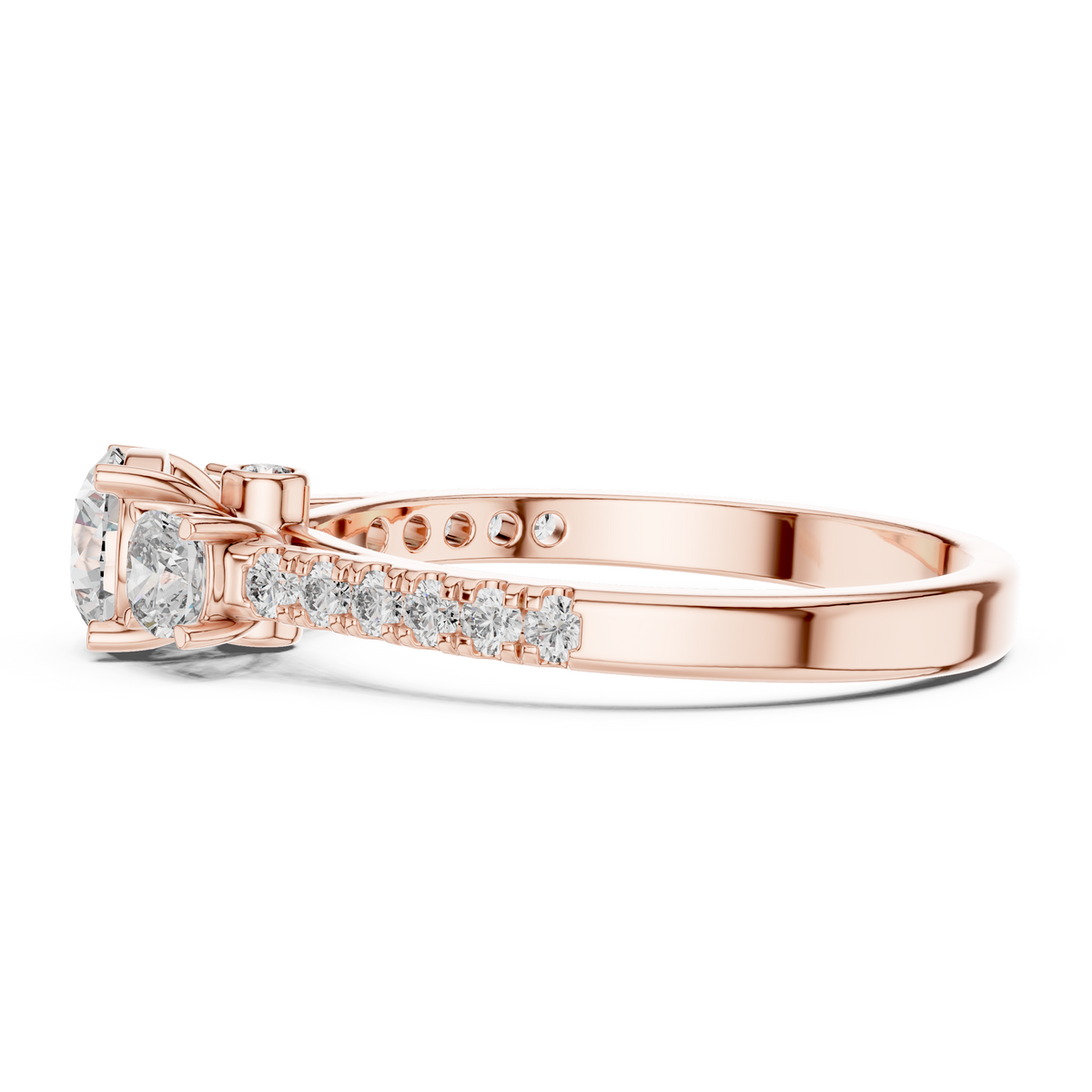 Lab Grown Round Three Stone Diamond Ring with Pavé Accent Band in Yellow Gold