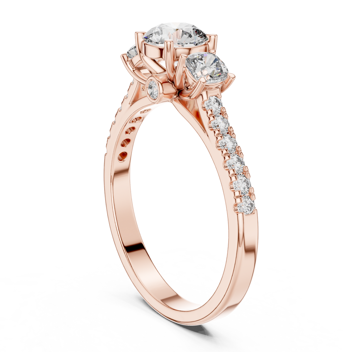 Lab Grown Round Three Stone Diamond Ring with Pavé Accent Band in Yellow Gold