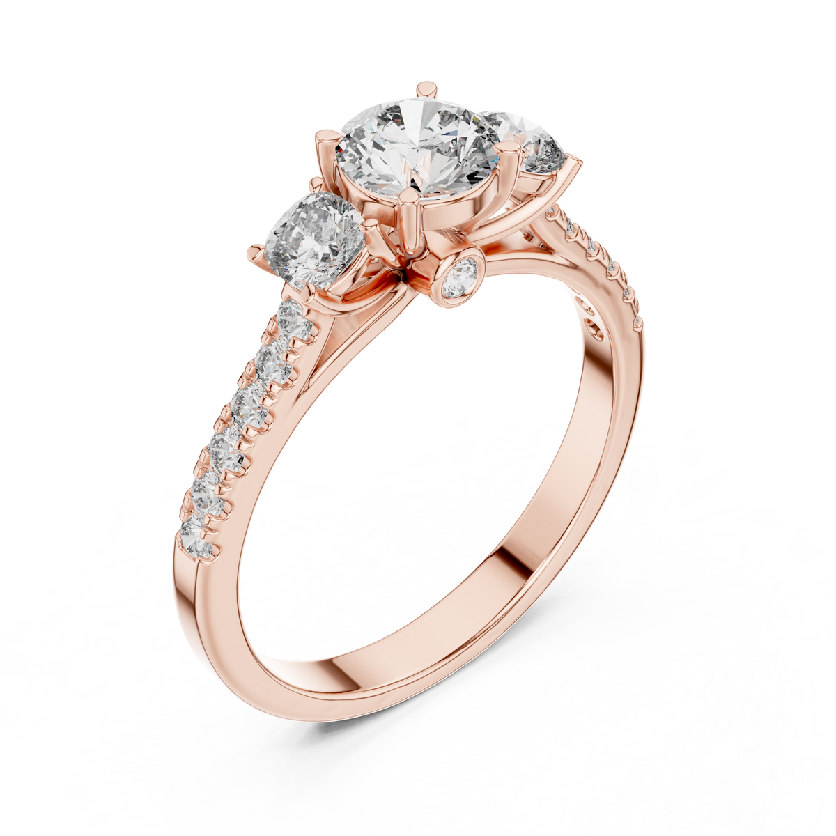Lab Grown Round Three Stone Diamond Ring with Pavé Accent Band in Yellow Gold