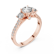 Lab Grown Round Three Stone Diamond Ring with Pavé Accent Band in Yellow Gold