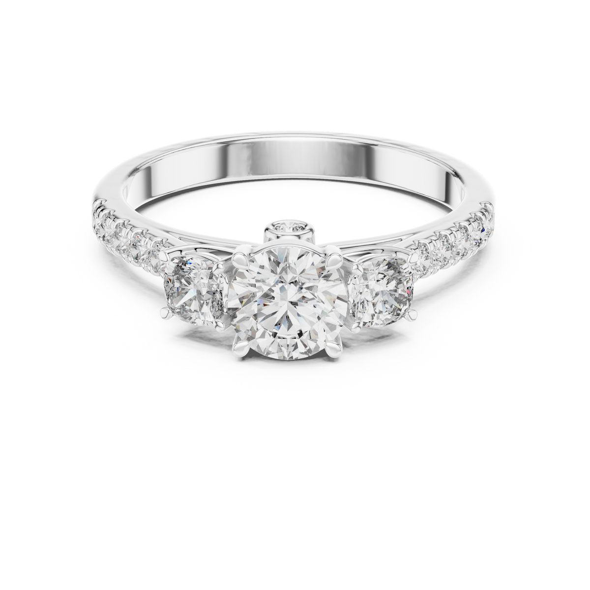 Lab Grown Round Three Stone Diamond Ring with Pavé Accent Band in Yellow Gold