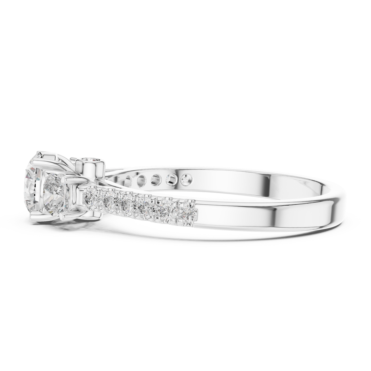 Lab Grown Round Three Stone Diamond Ring with Pavé Accent Band in Yellow Gold