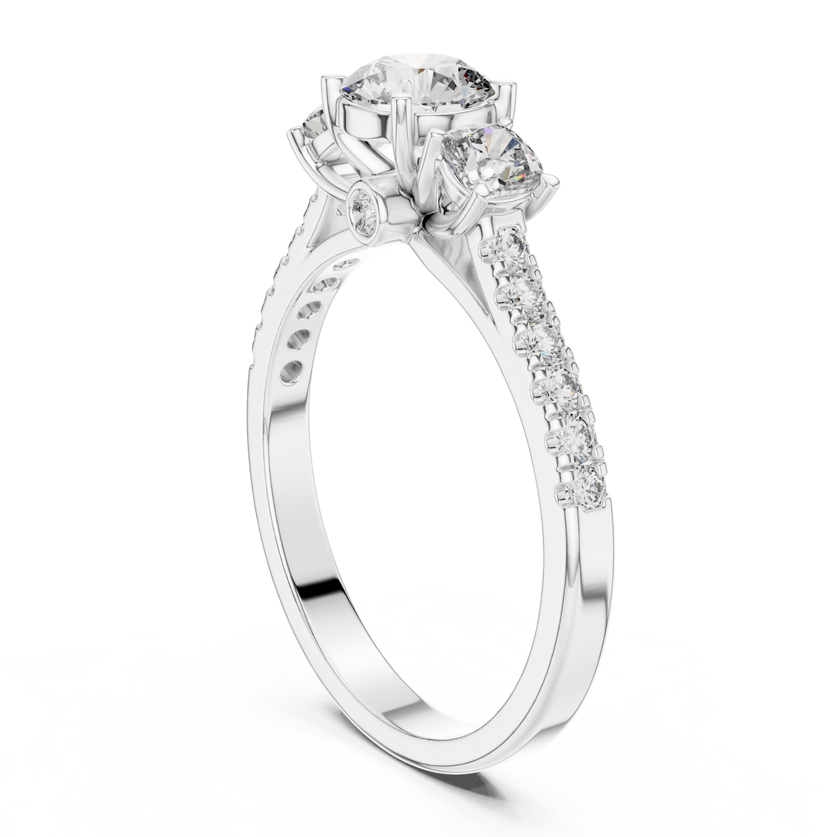 Lab Grown Round Three Stone Diamond Ring with Pavé Accent Band in Yellow Gold
