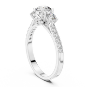 Lab Grown Round Three Stone Diamond Ring with Pavé Accent Band in Yellow Gold