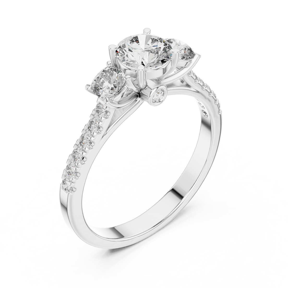 Lab Grown Round Three Stone Diamond Ring with Pavé Accent Band in Yellow Gold