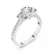 Lab Grown Round Three Stone Diamond Ring with Pavé Accent Band in Yellow Gold