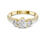 Lab Grown Round Three Stone Diamond Ring with Pavé Accent Band in Yellow Gold