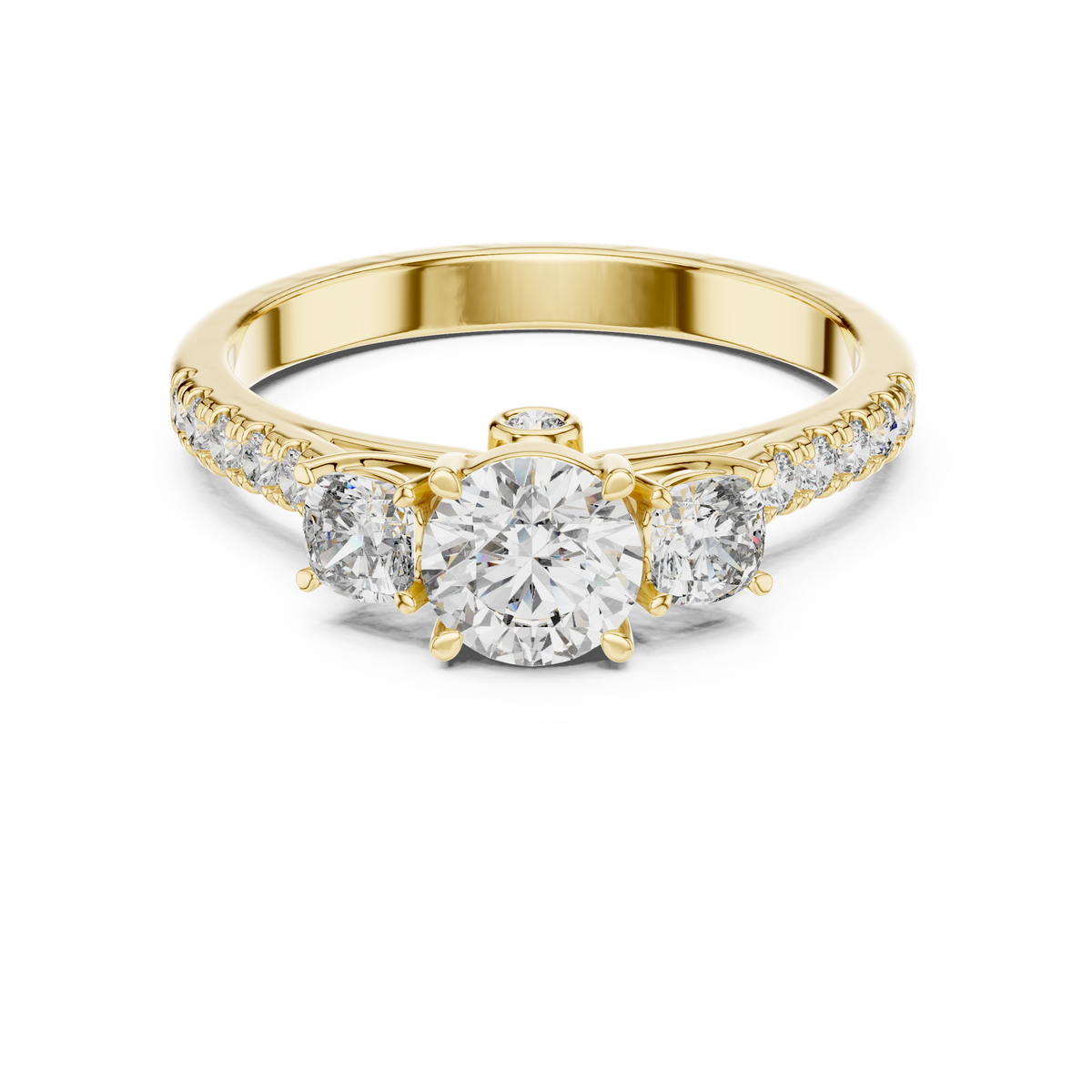 Lab Grown Round Three Stone Diamond Ring with Pavé Accent Band in Yellow Gold