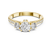 Lab Grown Round Three Stone Diamond Ring with Pavé Accent Band in Yellow Gold