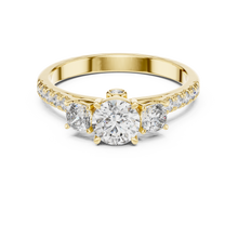 Lab Grown Round Three Stone Diamond Ring with Pavé Accent Band in Yellow Gold
