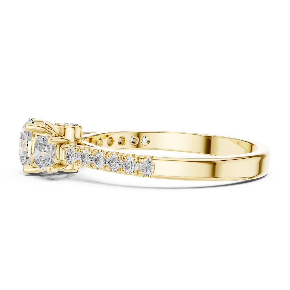 Lab Grown Round Three Stone Diamond Ring with Pavé Accent Band in Yellow Gold