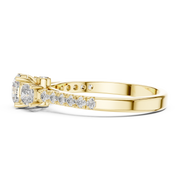 Lab Grown Round Three Stone Diamond Ring with Pavé Accent Band in Yellow Gold