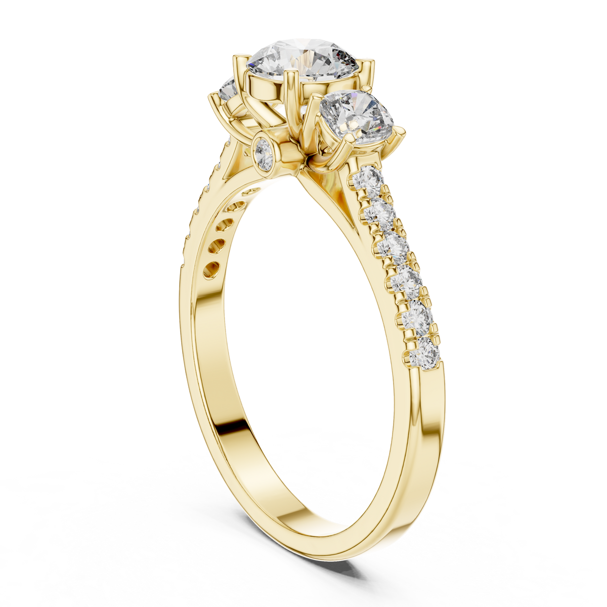 Lab Grown Round Three Stone Diamond Ring with Pavé Accent Band in Yellow Gold