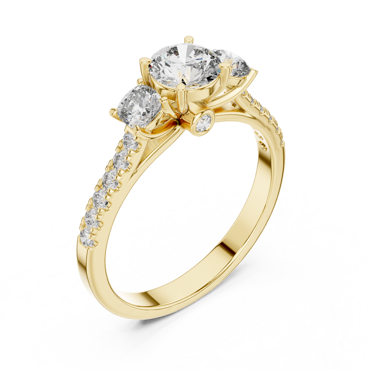 Lab Grown Round Three Stone Diamond Ring with Pavé Accent Band in Yellow Gold