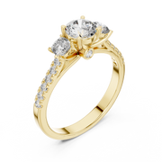 Lab Grown Round Three Stone Diamond Ring with Pavé Accent Band in Yellow Gold