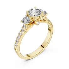 Lab Grown Round Three Stone Diamond Ring with Pavé Accent Band in Yellow Gold