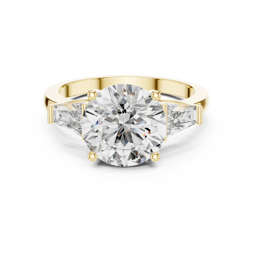 Lab Grown Round Three Stone Diamond Ring with Tapered Baguette Sides in Yellow Gold
