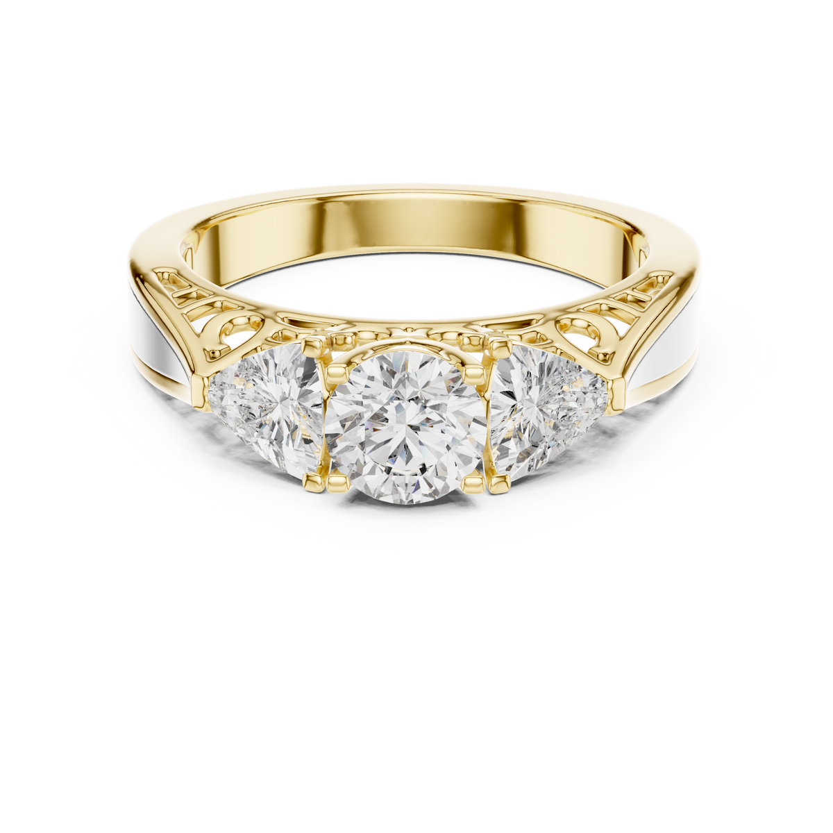Lab Grown Three Stone Diamond Ring with Filigree Scrollwork in Two-Tone Gold
