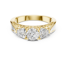 Lab Grown Three Stone Diamond Ring with Filigree Scrollwork in Two-Tone Gold