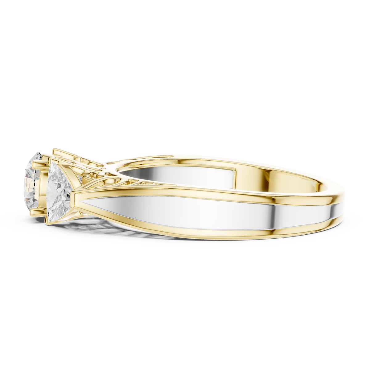Lab Grown Three Stone Diamond Ring with Filigree Scrollwork in Two-Tone Gold
