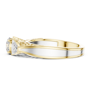 Lab Grown Three Stone Diamond Ring with Filigree Scrollwork in Two-Tone Gold