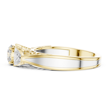 Lab Grown Three Stone Diamond Ring with Filigree Scrollwork in Two-Tone Gold