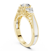 Lab Grown Three Stone Diamond Ring with Filigree Scrollwork in Two-Tone Gold