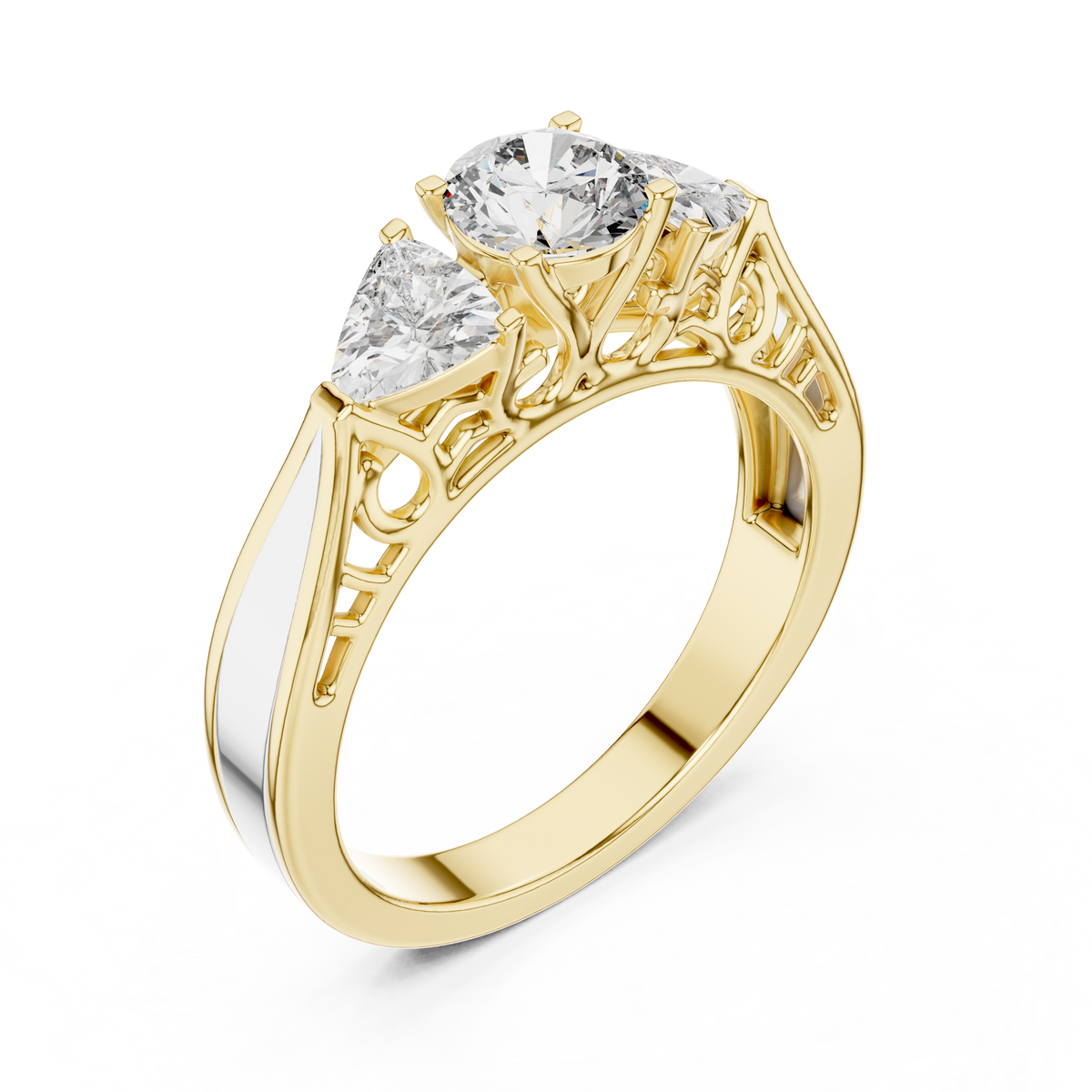 Lab Grown Three Stone Diamond Ring with Filigree Scrollwork in Two-Tone Gold
