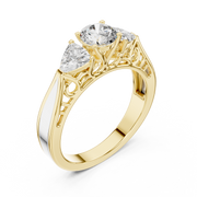 Lab Grown Three Stone Diamond Ring with Filigree Scrollwork in Two-Tone Gold