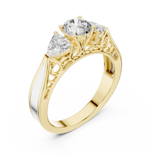 Lab Grown Three Stone Diamond Ring with Filigree Scrollwork in Two-Tone Gold