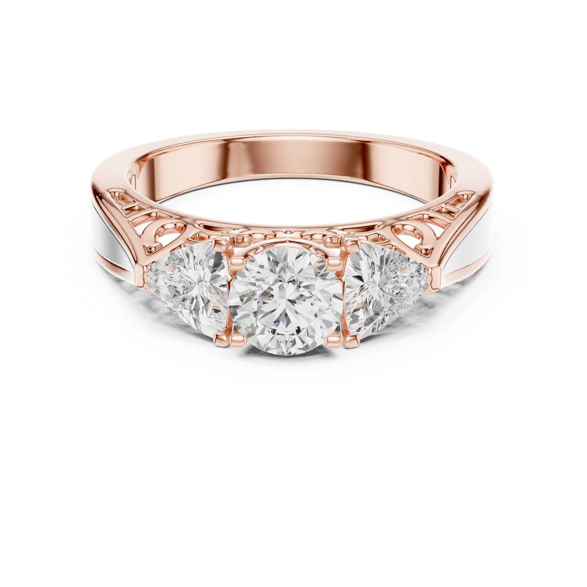 Lab Grown Three Stone Diamond Ring with Filigree Scrollwork in Two-Tone Gold