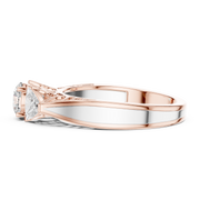 Lab Grown Three Stone Diamond Ring with Filigree Scrollwork in Two-Tone Gold