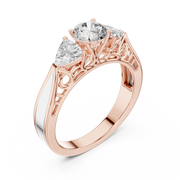 Lab Grown Three Stone Diamond Ring with Filigree Scrollwork in Two-Tone Gold
