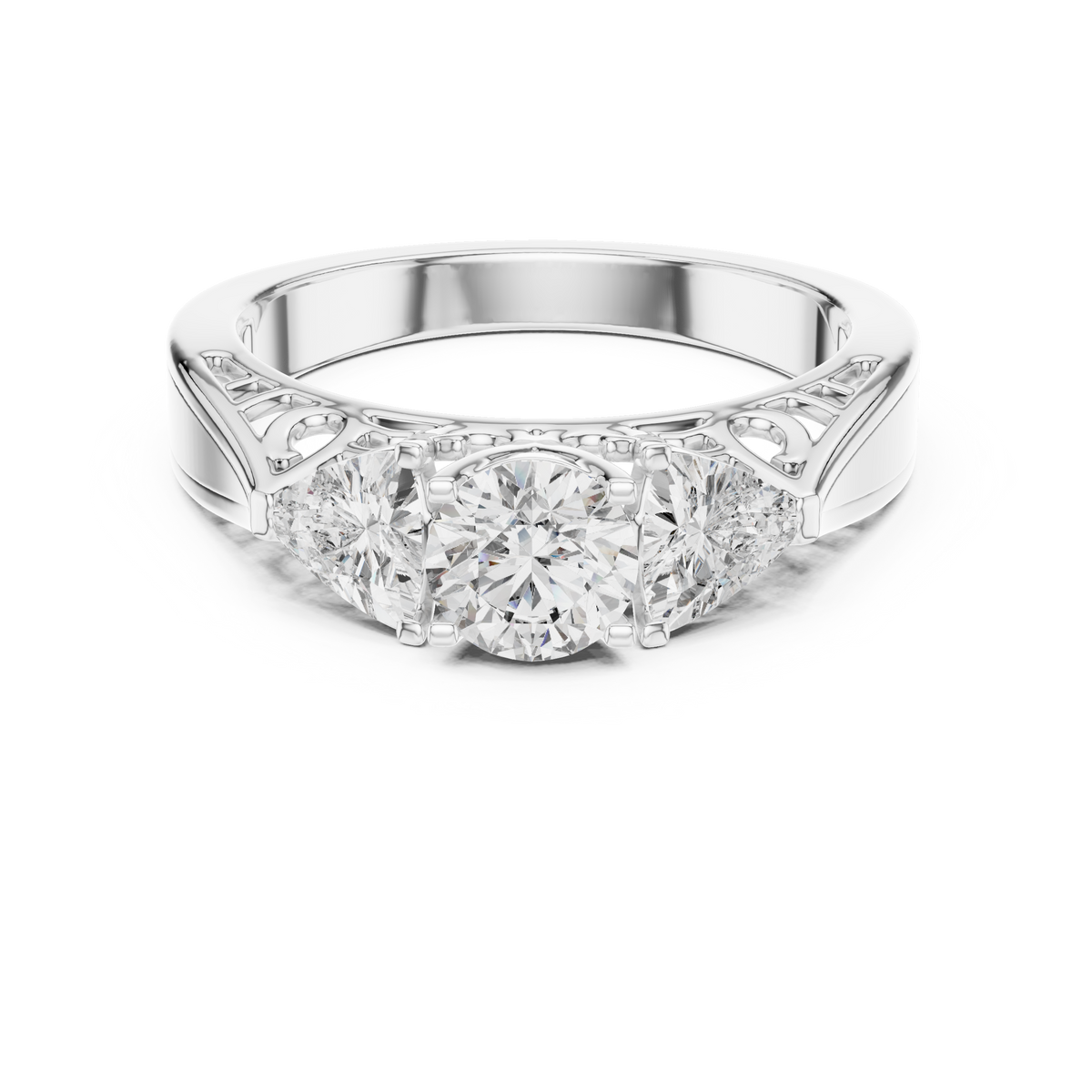 Lab Grown Three Stone Diamond Ring with Filigree Scrollwork in Two-Tone Gold
