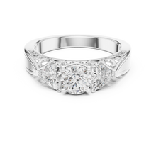 Lab Grown Three Stone Diamond Ring with Filigree Scrollwork in Two-Tone Gold