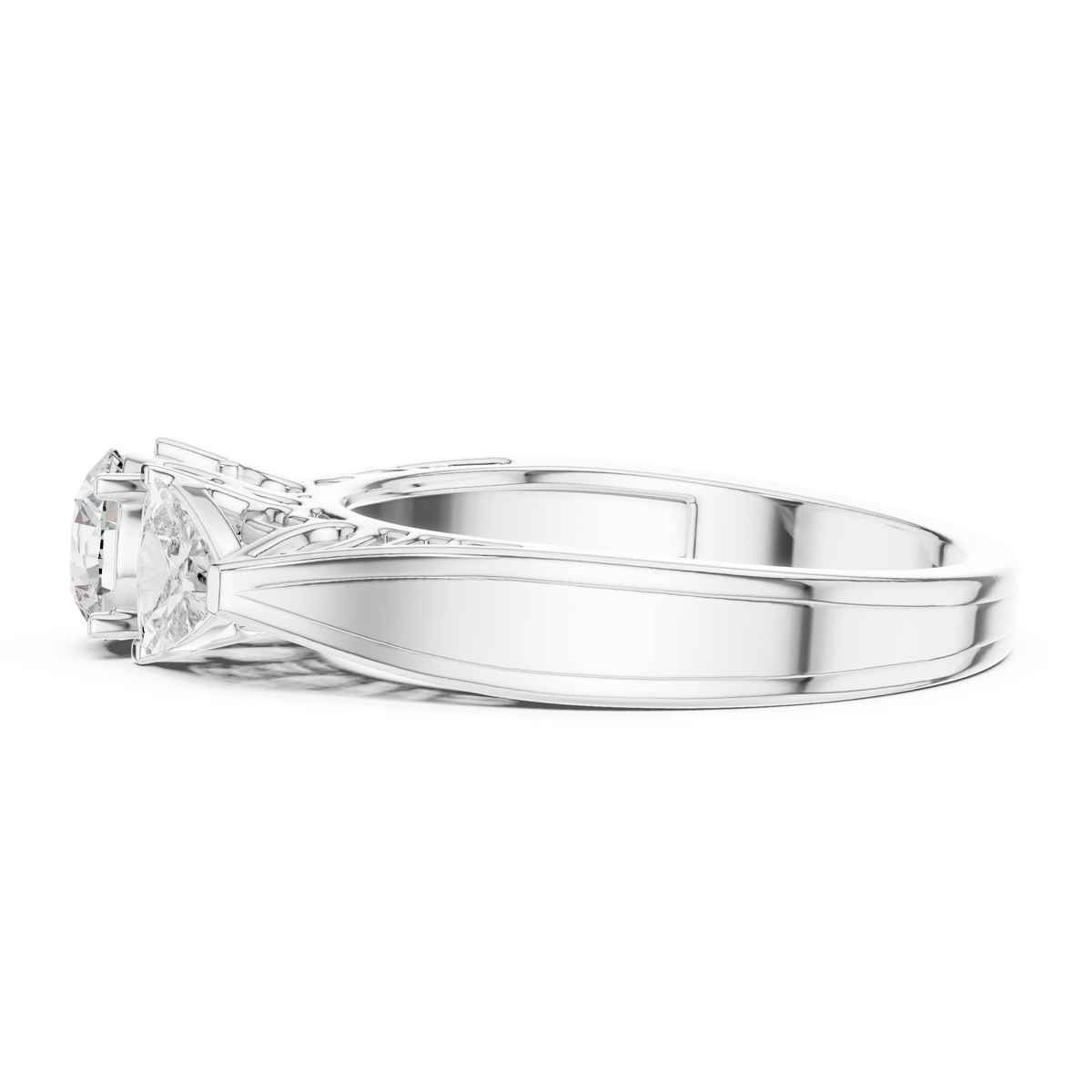 Lab Grown Three Stone Diamond Ring with Filigree Scrollwork in Two-Tone Gold