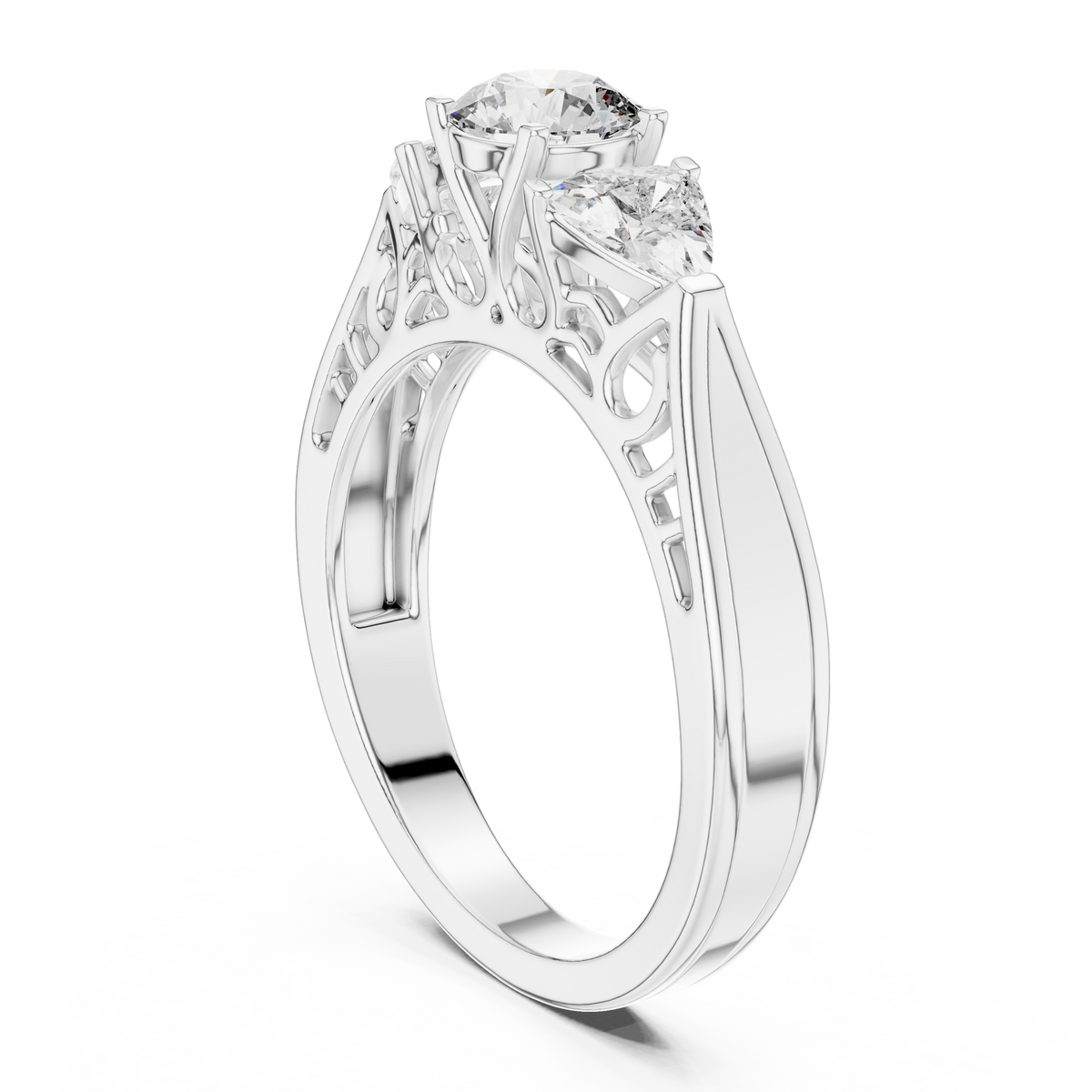 Lab Grown Three Stone Diamond Ring with Filigree Scrollwork in Two-Tone Gold