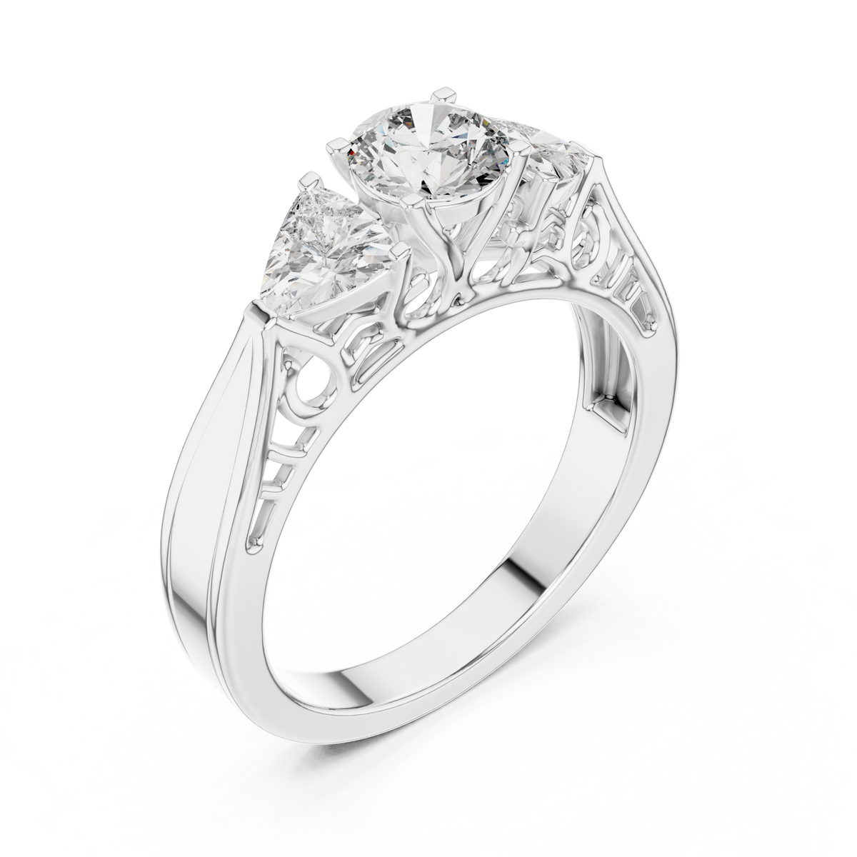 Lab Grown Three Stone Diamond Ring with Filigree Scrollwork in Two-Tone Gold